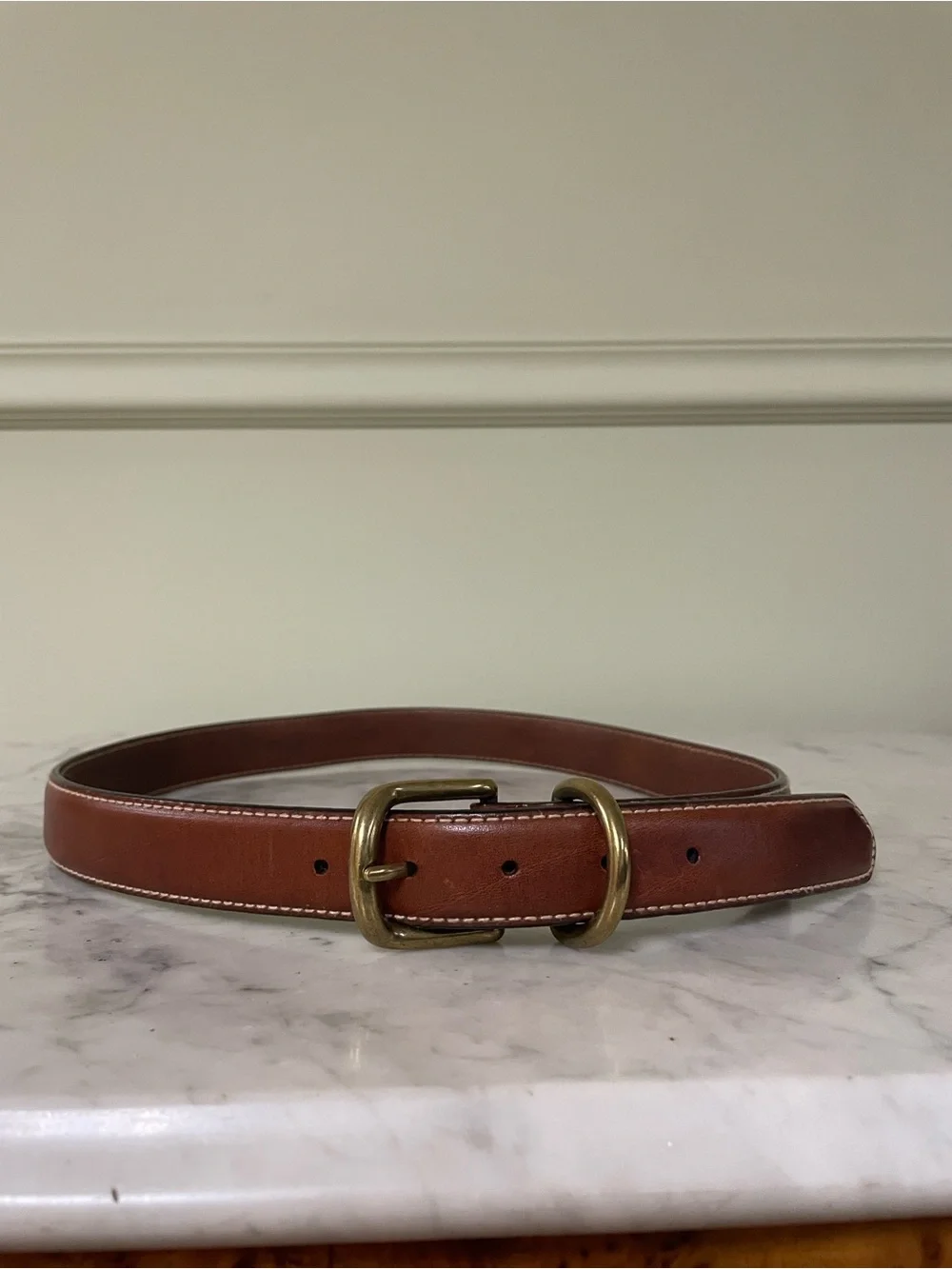 Tommy Hilfiger Brown Leather Belt with Brass Double-Ring Buckle - Size 36